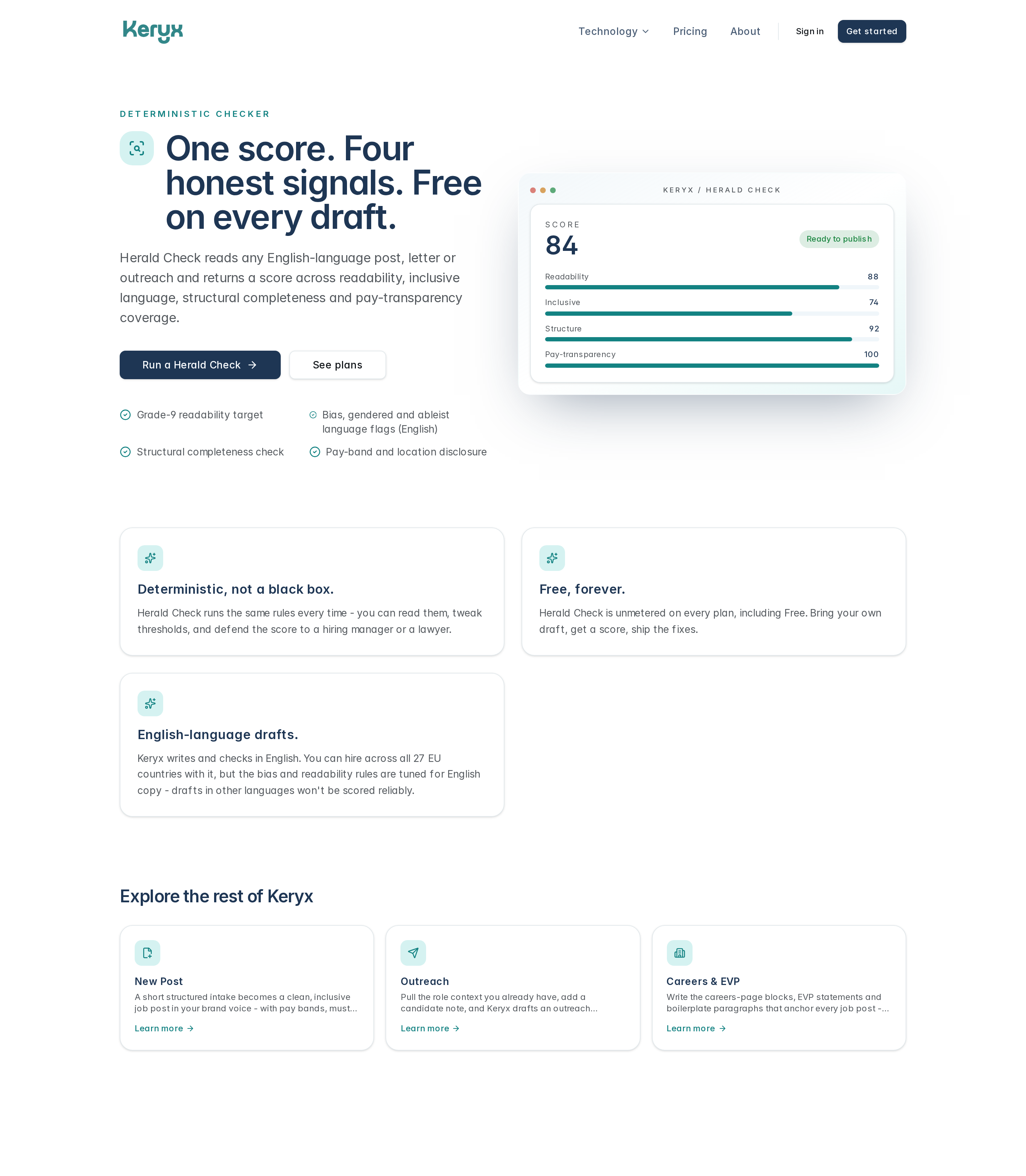 Keryx Herald Check page showing the four-signal score card