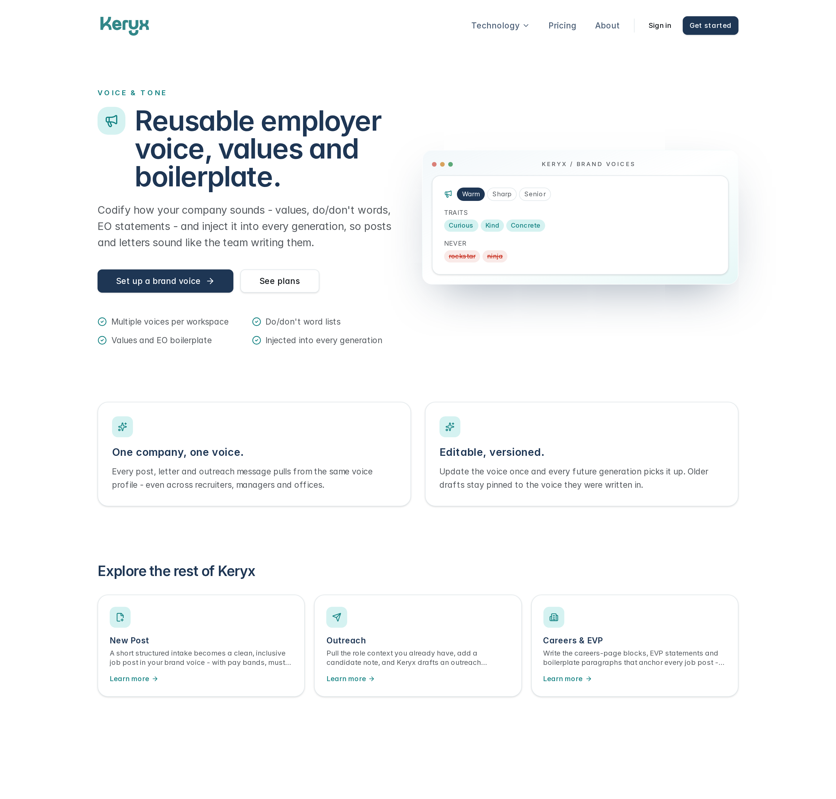 Keryx Brand Voices page showing voice profiles, traits and banned words