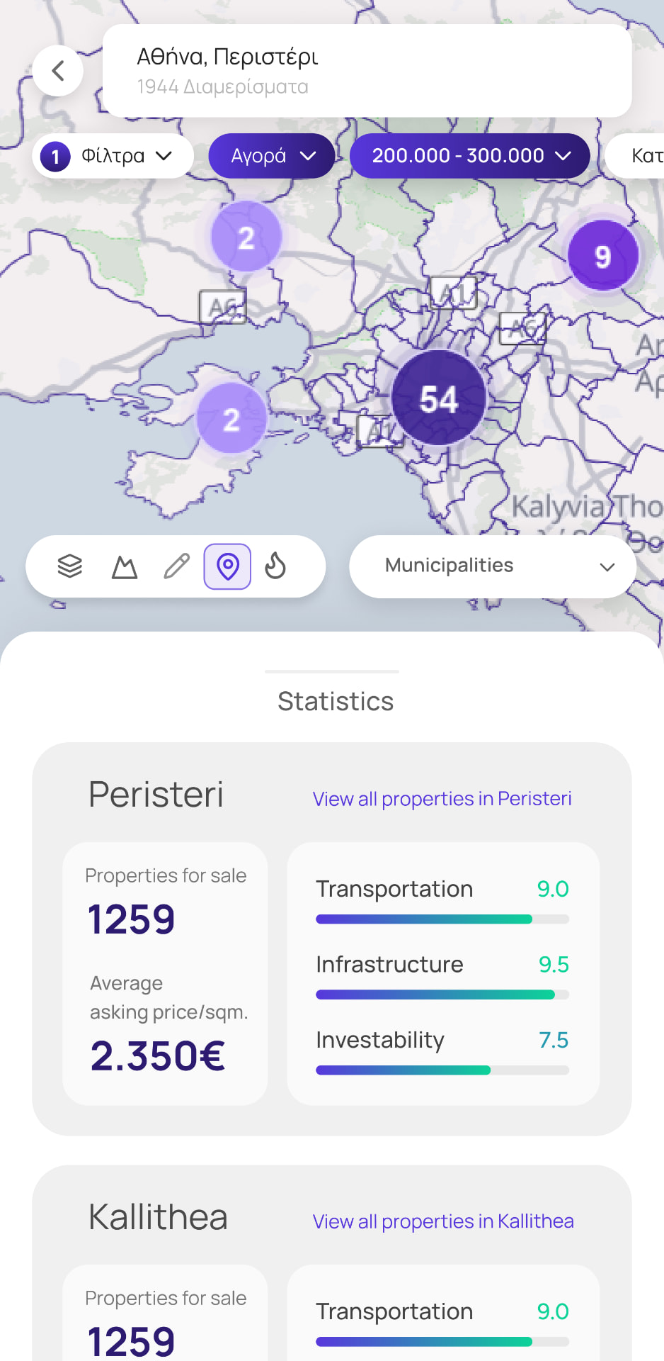 Prosperty mobile map with municipality statistics expanded