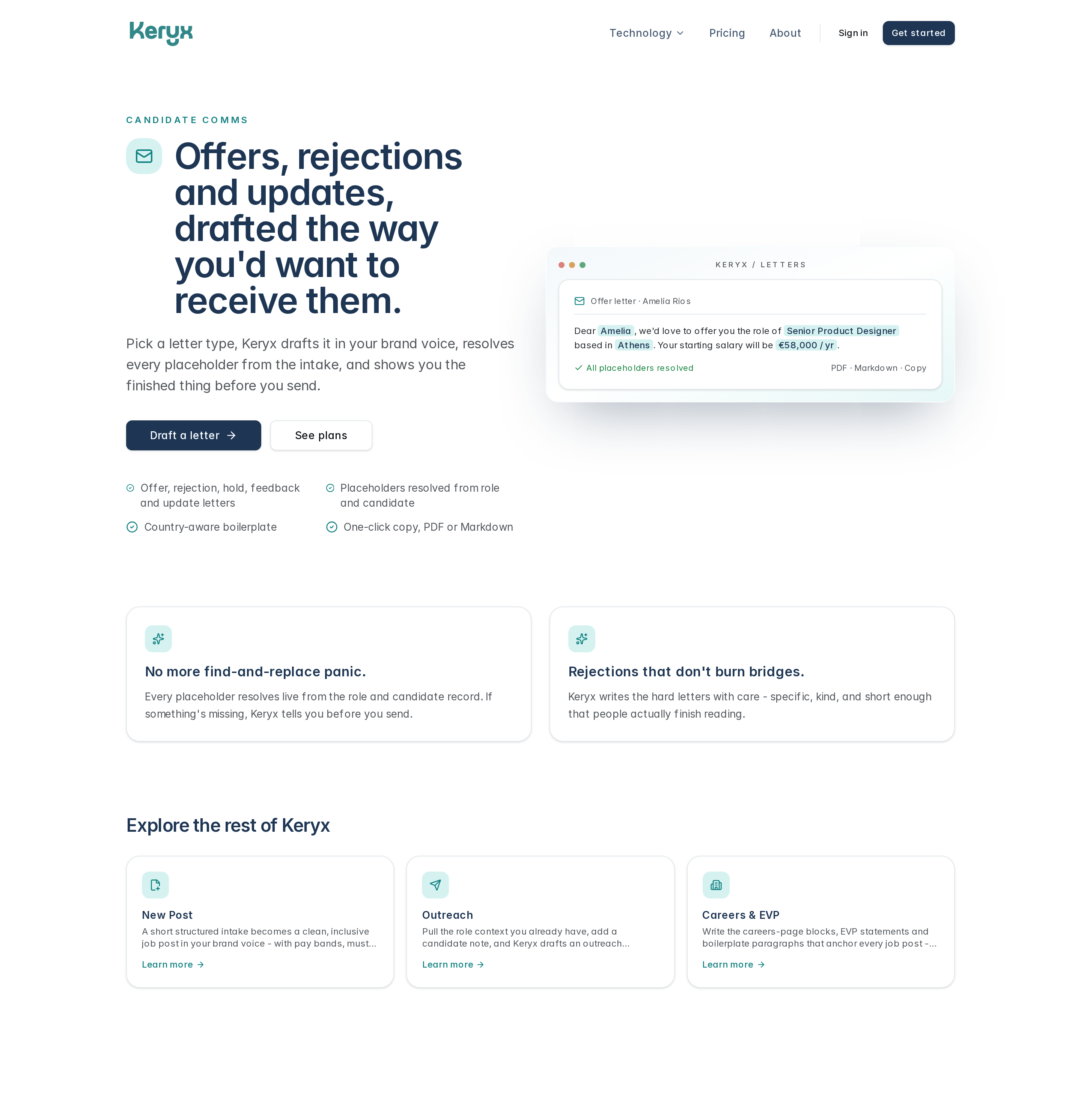 Keryx Letters page showing an offer letter with resolved placeholders