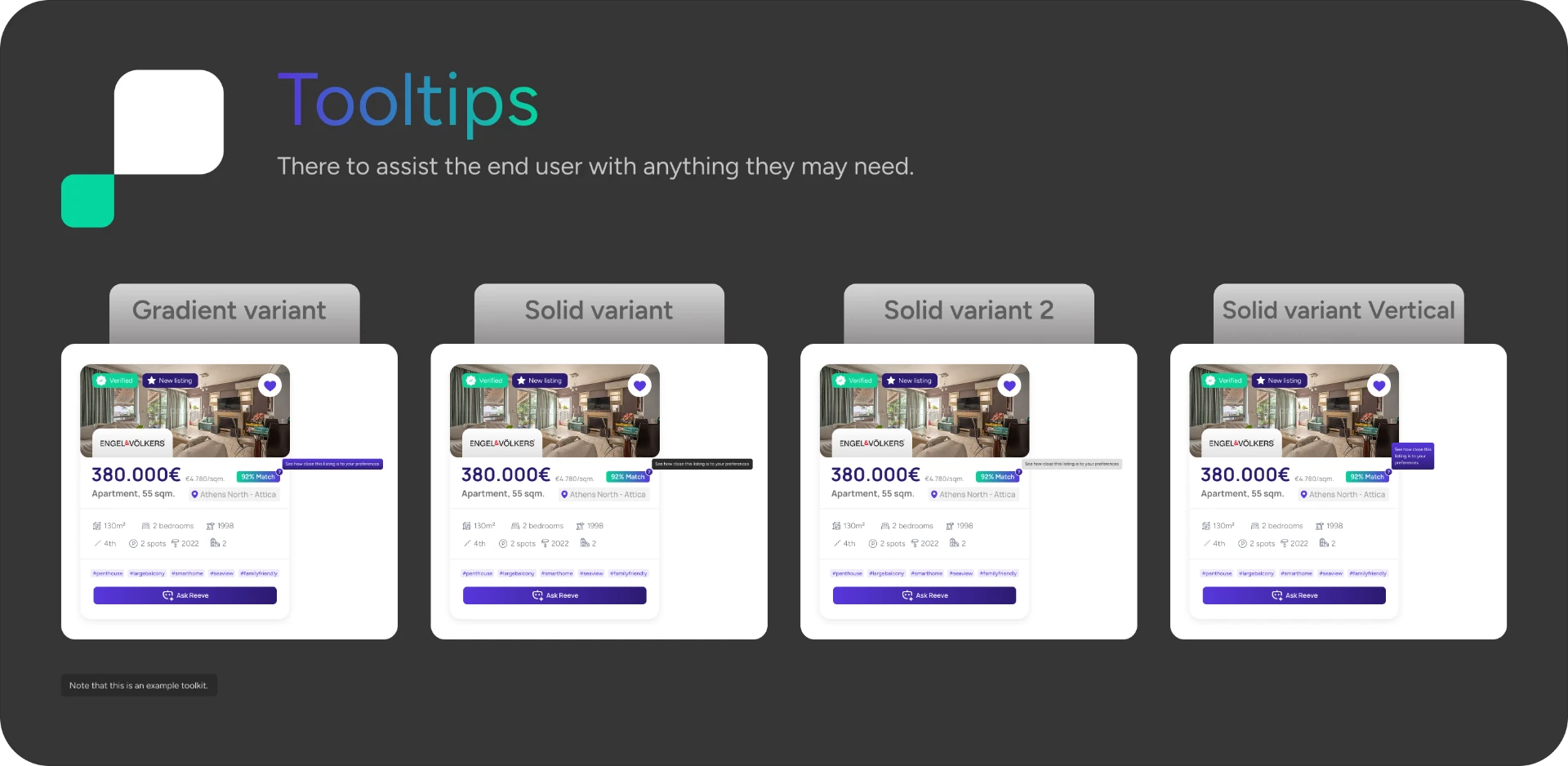 Prosperty design system tooltip variants across property cards