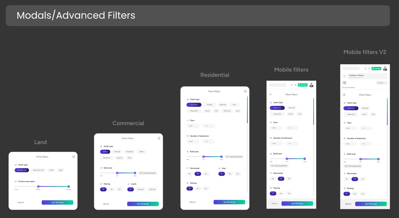 Prosperty design system filter modal variants for land, commercial and residential searches