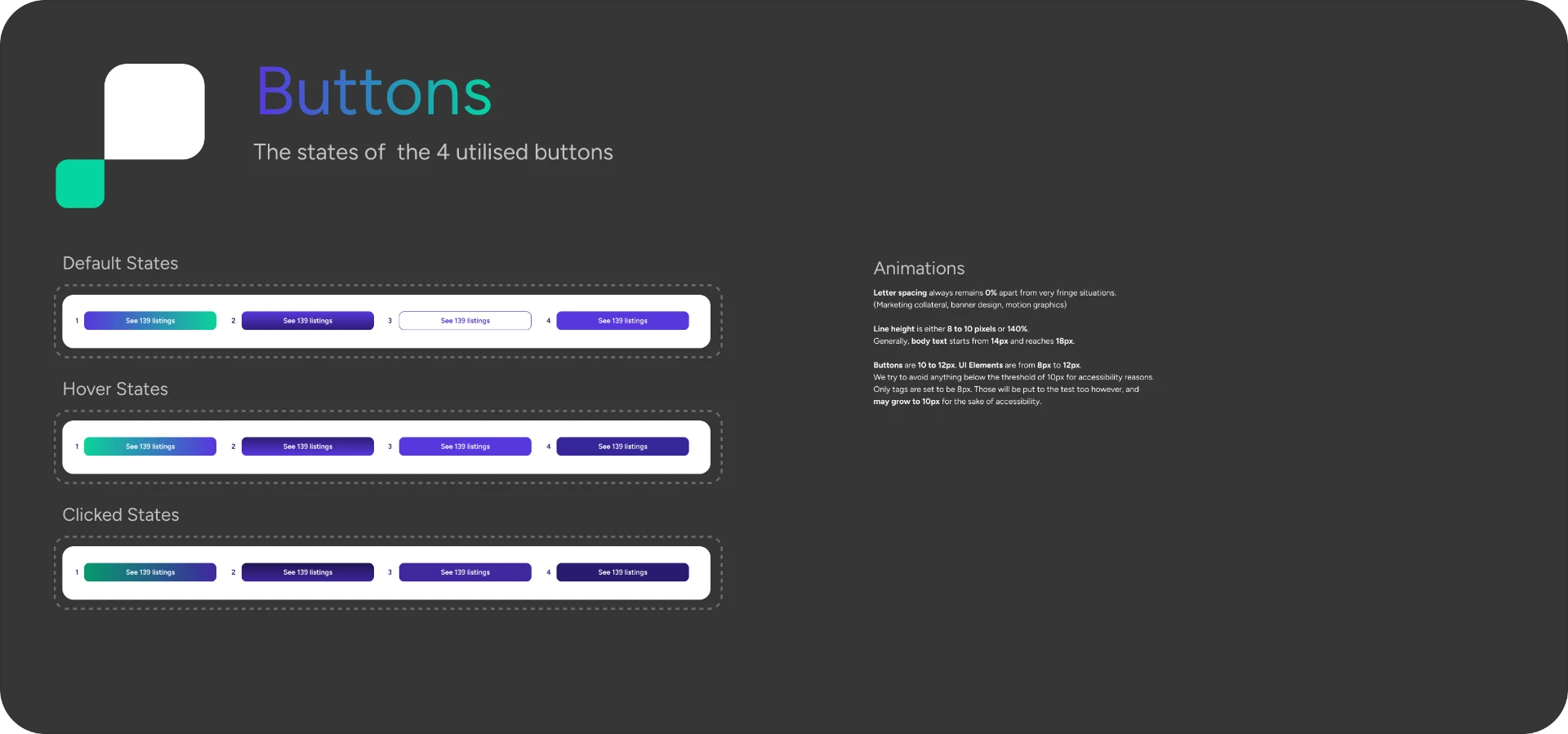Prosperty design system button default, hover and clicked states